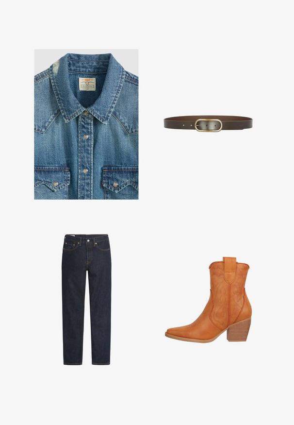 Blå denim Levi's western skjorte med trykknapper, spids krave, brystlommer og et mærke, der viser størrelse small og branding.; Mørkeblå denimjeans med lige snit, fem-lomme design, kobbernitter og orange syninger langs sømmen.; Salinyang SALINYANG - Cowboy- / bikerstøvlette - braun; Mørkebrun læderbælte med ovalformet antik messingspænde og tre justeringshuller på den ene side.