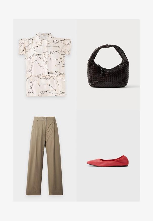 Blouse à manches courtes en tissu crème présentant des broderies florales noires et beiges, avec une fermeture à boutons sur le devant et un col classique.; Pantalons larges couleur khaki en mélange de coton, dotés d'une fermeture à bouton, de poches latérales et d'une texture lisse avec un léger éclat.; Filippa K REY FLATS - Ballerines - bright red; Sac à main en cuir tressé de couleur brun foncé, de forme arrondie avec une poignée épaisse et tressée. Dispose d'une fermeture éclair et d'un logo discret sur le côté.