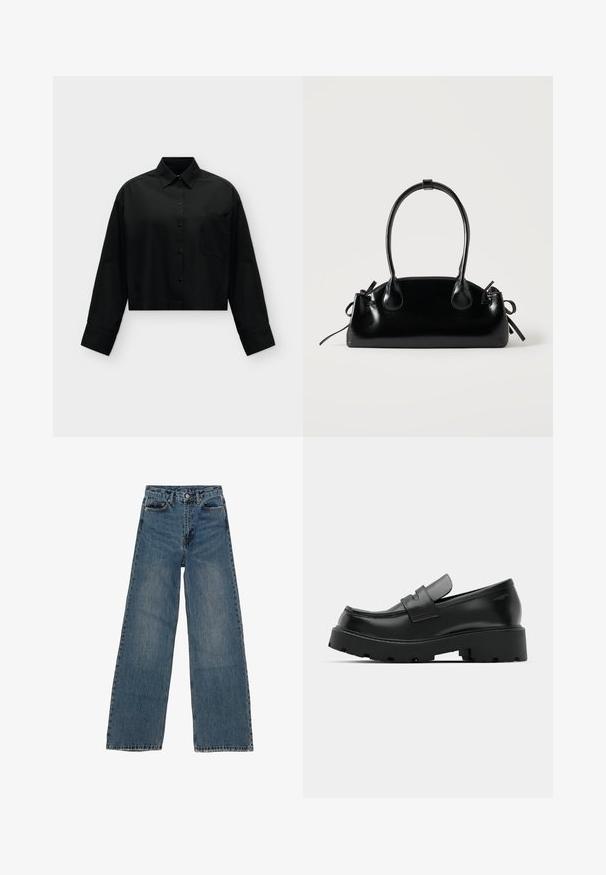 Sort langærmet skjorte med knapper, krave og enkelt brystlomme, vist fladt på en lys grå baggrund.; Blå denim brede ben jeans med høj talje, fem lommer og kontraststing. Udsivninger og mindre slid synlige på stoffet.; Sorte læder loafers med en chunky tekstureret sål, der har en rem over vamps og en glat, poleret finish.; Lille sort blank håndtaske med to lange håndtag og snøre-detaljer i siden på en ensfarvet lys baggrund.
