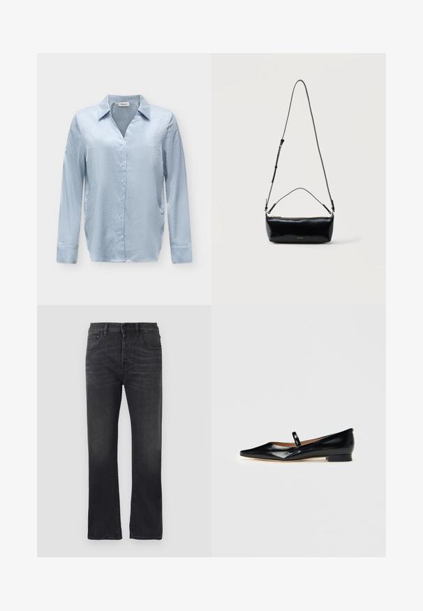 Lyseblå langærmet satinbluse med subtilt leopardprintmønster, knaplukning foran og klassisk krave på en neutral baggrund.; Sorte denimjeans med lige ben, der har et klassisk fem-lomme design, knaplukning og subtilt slid på stoffet.; Sorte patenterede læder Mary Jane flade sko med spids tå, én rem og lav hæl på ensfarvet baggrund.; Sort rektangulær læder crossbody-taske med justerbar skulderrem, top lynlås og lille gyldent Calvin Klein-logo foran.