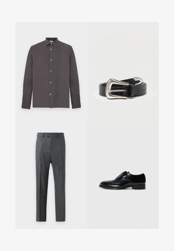 Camisa de manga larga de color gris oscuro con botones beige y cuello, mostrada extendida sobre un fondo blanco.; Pantalones grises ajustados con un fino estampado de cuadro, diseño de pierna recta y una textura de tela suave. Cuenta con trabillas para cinturón y cierre de cremallera.; Zapato de vestir negro de cuero con un acabado pulido, punta redondeada, diseño con cordones y un tacón bajo apilado, que presenta un sutil detalle de costura.; Cinturón de cuero negro con una hebilla grande de estilo occidental en tono plateado y una punta de cinturón plateada a juego, enrollado sobre un fondo blanco.