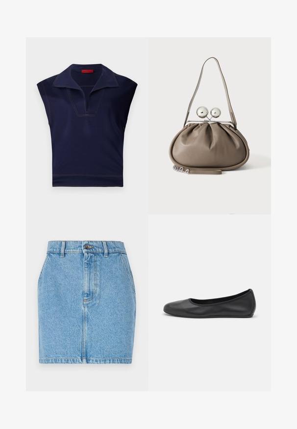 Top sans manches bleu marine avec un col pointu, présentant une encolure en V et des coutures de contraste le long des bords. Texture lisse.; Jupe en denim bleu clair, avec un design ajusté, un style à cinq poches et des coutures contrastées. Le matériau a une finition texturée.; Ballerines en cuir noir avec un bout rond, texture lisse, détails de couture minimalistes et design de semelle flexible.; Sac à main en cuir gris de forme arrondie, fermeture supérieure avec deux grandes sphères argentées, et une seule anse.