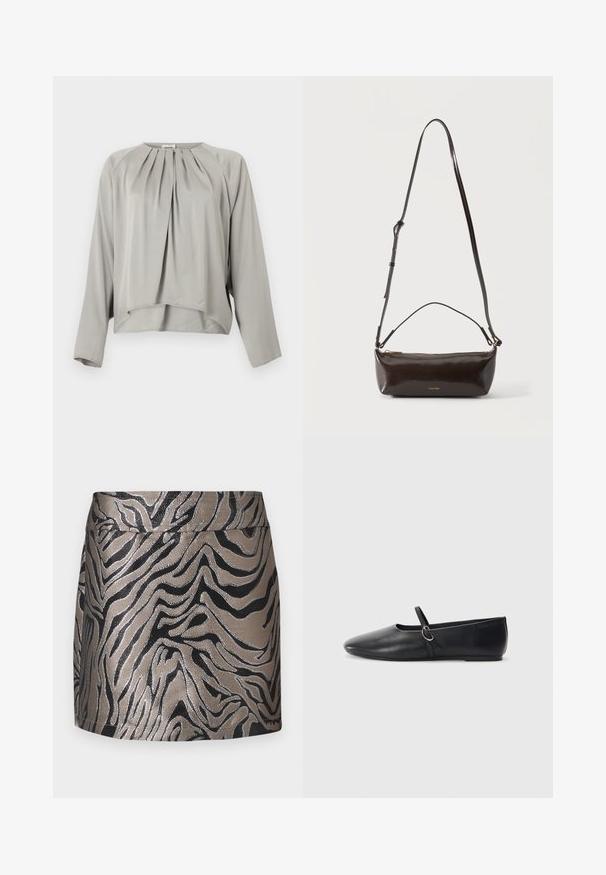 Blouse gris clair à manches longues avec encolure ronde, plis sur le devant et ourlet légèrement asymétrique.; Mini-jupe métallisée argent et noire avec un motif zèbre, au toucher lisse et au design ajusté. Large ceinture en haut.; Ballerines noires en cuir avec un bout pointu, une semelle plate et une petite sangle avec un détail de boucle en argent.; Petit sac à bandoulière en cuir marron foncé brillant avec bandoulière réglable, poignée supérieure et fermeture éclair dorée.