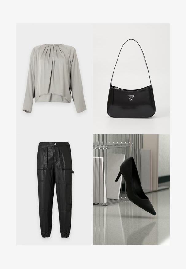 Lichtgrijze blouse met lange mouwen, ronde halslijn, plooien aan de voorkant en een licht asymmetrische zoom.; Zwarte leren broek met een elastische tailleband, taps toelopende manchetten en meerdere zakken. De stof heeft een licht glanzende afwerking.; Zwarte high-heeled schoen in balans op de hiel op een reflecterende aanrecht bij metalen ordnerhouders met witte mappen.; Zwarte lakleren schoudertas met een gebogen vorm, voorzien van een zilveren driehoeklogo en een ritssluiting. Gladde textuur en slanke schouderband.