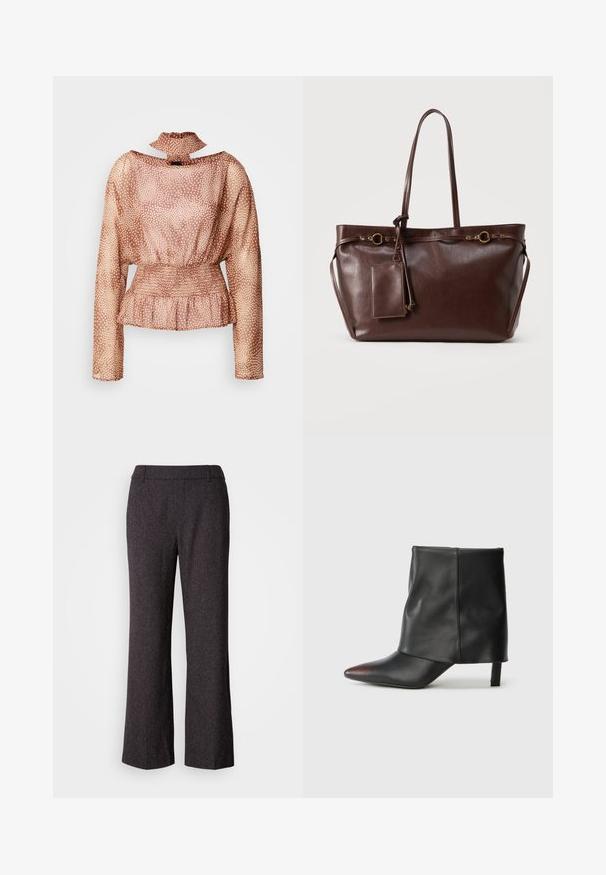 Hellbraune Langarmbluse mit weißen Polka-Dots, hohem Neckholder, geraffter Taille und Schößchen-Saum auf weißem Hintergrund.; Mos Mosh SVALA - Stoffhose - black; Schwarzer Knöchelstiefel aus glattem Leder mit spitzer Zehenpartie und schmalem Absatz. Das Obermaterial zeichnet sich durch ein leicht gerafftes Design aus.; Dunkelbraune Leder-Shopper-Tasche mit zwei langen Griffen, dekorativen goldenen Ringen und angebrachtem rechteckigem Reißverschluss-Etui.