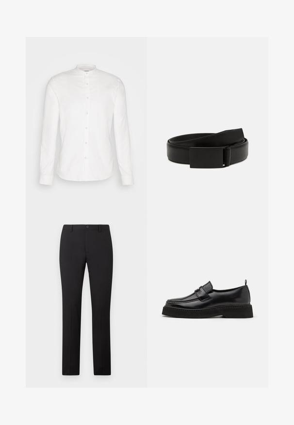 Chemise blanche à manches longues avec col mandarin et patte de boutonnage à l'avant. Fabriquée en coton, elle présente une texture lisse et des fermetures à bouton.; Pantalon noir sur mesure avec une coupe droite, doté d'une fermeture à bouton et de passants pour ceinture. Confectionné dans un tissu lisse sans motifs apparents.; Chaussures en cuir noir de style mocassin avec une semelle plate et texturée, présentant un bout piqué et une sangle traversant le cou-de-pied.; Ceinture en cuir noir avec une texture lisse, dotée d'une boucle rectangulaire noire mate et d'un design classique et minimaliste.