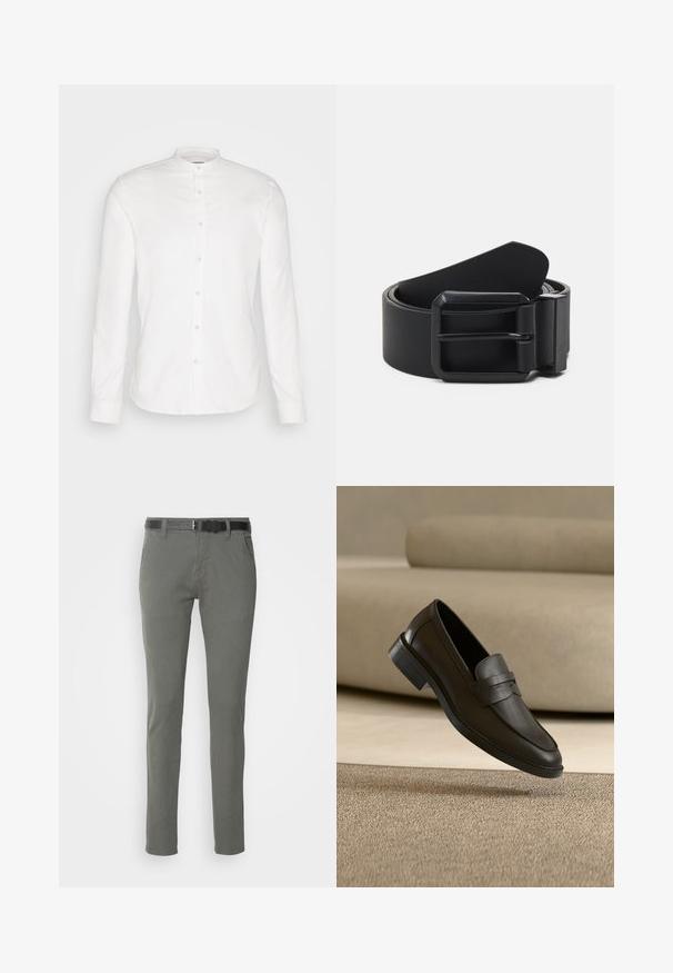 Camisa blanca de manga larga con cuello mandarín y tapeta delantera. Hecha de algodón, presenta una textura suave y cierre de botones.; Chinos de algodón grises con un corte slim, que incluyen un cinturón negro, dos bolsillos laterales y un diseño simple. Textura suave sin patrones visibles.; Zapato mocasín de cuero negro descansando sobre una alfombra beige con un sofá beige curvado en el fondo.; Cinturón de cuero negro con una hebilla de metal negro mate, que presenta una superficie plana y suave y un extremo cónico. Diseño sencillo sin adornos.