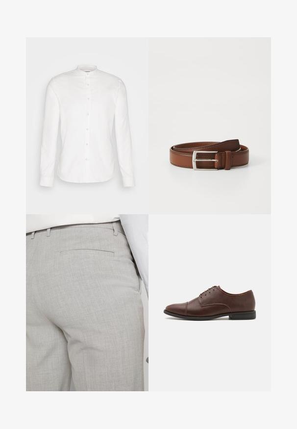 Camisa blanca de manga larga con cuello mandarín y tapeta delantera. Hecha de algodón, presenta una textura suave y cierre de botones.; Pantalones grises claros a medida hechos de tela texturizada, con un solo bolsillo trasero y costuras limpias.; Zapato de vestir de cuero marrón con cordones, punta redonda y elegante, detalles de costura sutiles y un tacón bajo de goma negra.; Cinturón de cuero marrón con un acabado liso, que presenta una hebilla de metal plateado y costuras sutiles a lo largo de los bordes. Diseño clásico y duradero.