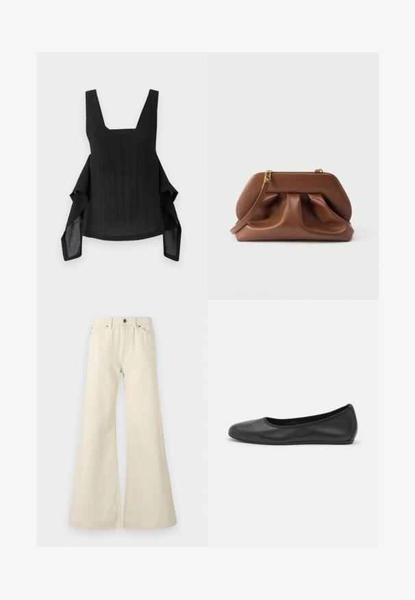 Schwarzes ärmelloses Top mit quadratischem Ausschnitt, fließendem Stoff, asymmetrischem Saum und strukturiertem Oberflächen-Detail.; Hellbeige weite Jeans aus Baumwolle. Besitzt eine hohe Taille, fünf Taschen und einen Knopfverschluss mit kontrastierenden Nahtdetails.; Schwarze Leder-Ballettschuhe mit abgerundeter Spitze, glatter Textur, minimalen Nähdetails und einem flexiblen Sohlen-Design.; Braune Lederclutch mit gerafftem Design, goldfarbenen Beschlägen und abnehmbarem Handgelenkriemen vor weißem Hintergrund.