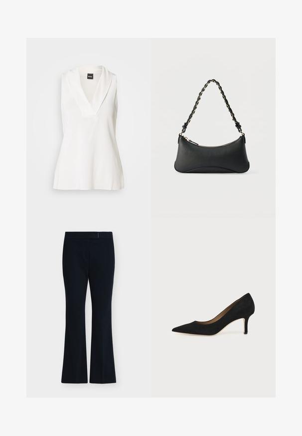 Haut blanc sans manches avec un col en forme de V, doté d'un col drapé et d'une texture lisse légèrement brillante. Idéal pour être superposé.; Pantalon noir évasé avec une taille cintrée et un devant plat, présenté sur fond clair uni.; Escarpin en daim noir à bout pointu avec un talon stiletto fin de hauteur moyenne et un design à coupe basse sur un fond uni.; Sac à bandoulière en cuir noir de forme rectangulaire incurvée, avec une chaîne dorée tissée dans la bandoulière noire tressée et une fermeture éclair sur le dessus.
