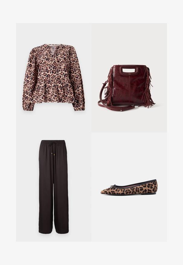 Peplum top med leopardprint, lange ærmer, rund halsudskæring og nøglehul detalje. Lavet af blødt stof med en struktureret overflade.; Sorte, løstsiddende bukser med elastisk talje og snøre med guldfarvede spidser, fuldlængde og lige ben.; Flad sko med leopardmønster lavet af blødt materiale, med spids tå, sort kant og en lille sløjfe foran.; Firkantet burgunderfarvet læderhåndtaske med udskåret håndtag, sideskvaster og justerbar skulderrem på ensfarvet baggrund.