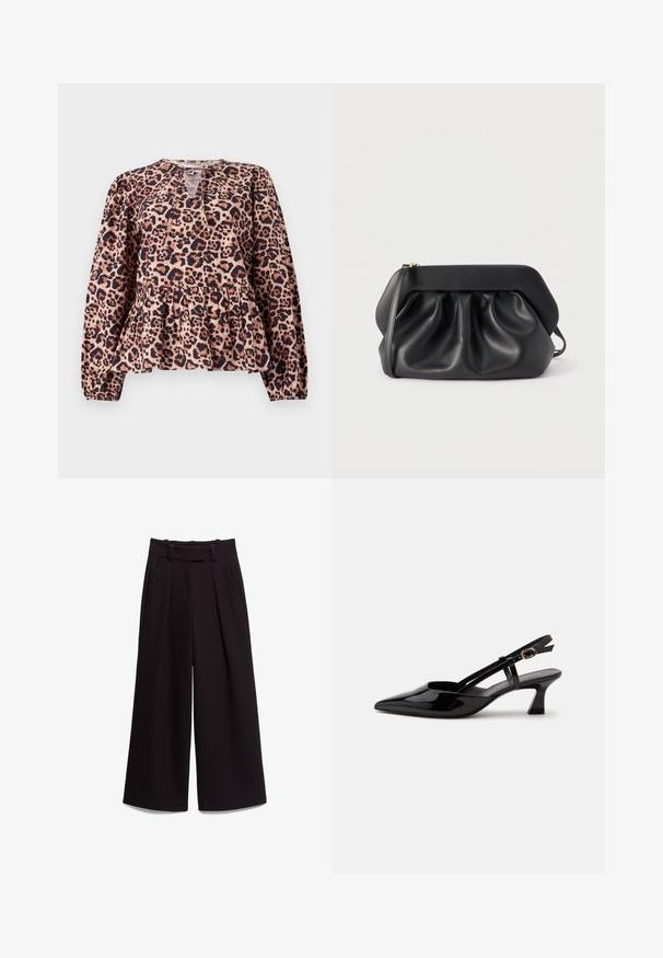 Leopardprint peplum-top met lange mouwen, ronde halslijn en keyhole-detail. Gemaakt van zacht stof met een textuurafwerking.; Zwarte broek met wijde pijpen, hoge taille, riemlussen, zijzakken en plooien aan de voorkant, plat gelegd op een witte achtergrond.; Zwarte lakleren slingback kitten heel schoen met spitse neus en verstelbare gouden gespsluiting op een witte achtergrond.; Zwarte leren clutch met een gestructureerd frame, geplooide details en een smalle polsband, op een witte achtergrond.