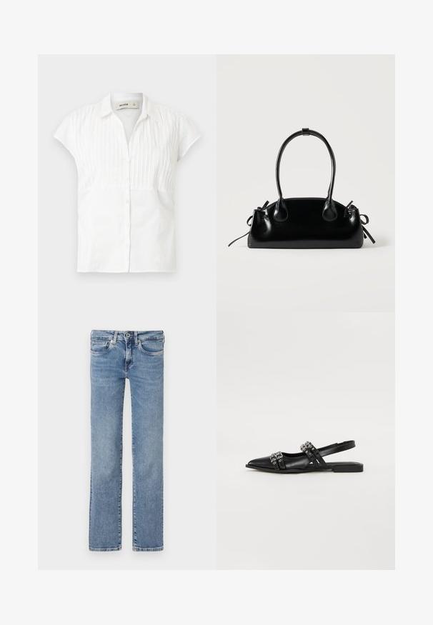 Hvid kortærmet skjorte med knapper foran, der har lodrette nålestriber på den øverste del og en glat nederste sektion. Fremstillet af bomuld.; Lyseblå denimjeans, straight-leg design, fem-lomme stil, knap- og lynlåslukning, med subtil falmning og en ren kant.; Even&Odd by Zalando Slingback-ballerinasko - black; Lille sort blank håndtaske med to lange håndtag og snøre-detaljer i siden på en ensfarvet lys baggrund.