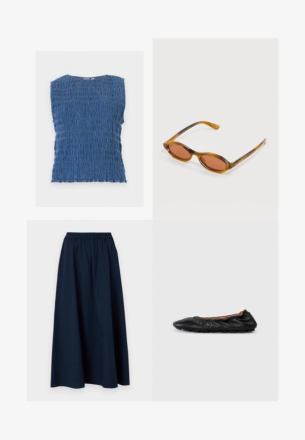 Haut bleu sans manches avec fronces horizontales texturées et encolure ronde, posé à plat sur fond blanc.; Jupe longue bleu marine en tissu texturé, avec une taille élastique et de subtils rayures verticales.; Ballerines en cuir noir avec des détails froncés au col, bout rond et semelle en caoutchouc flexible. Texture lisse dans l'ensemble.; Lunettes de soleil ovales en écaille de tortue marron avec des montures fines et des verres d'ambre foncé reposant sur une surface blanche.
