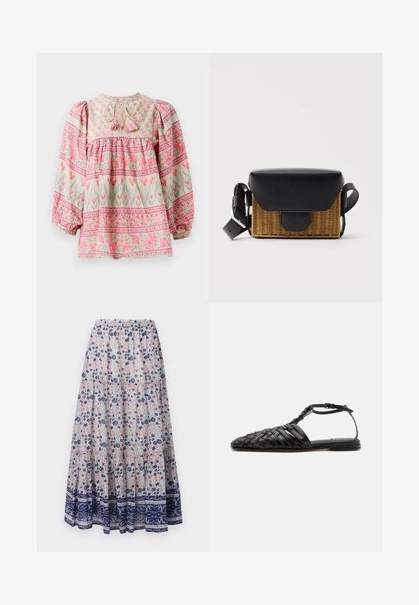 Bloes met bloemmotief in lichtgroen met roze en witte accenten, met een geraffineerde lijf en pofmouwen, die aan de achterkant is vastgebonden met franjes.; Florale maxi rok met een grijze achtergrond, versierd met roze en blauwe bloemen, gelaagd ontwerp en een marineblauwe patroonrand. Elastische tailleband.; Zwarte platte lederen sandaal met gevlochten gesloten neus, enkelriem en gesp, afgebeeld op een witte achtergrond.; Rechthoekige gevlochten crossbody tas met zwarte leren klep en verstelbare band, getoond tegen een effen lichte achtergrond.