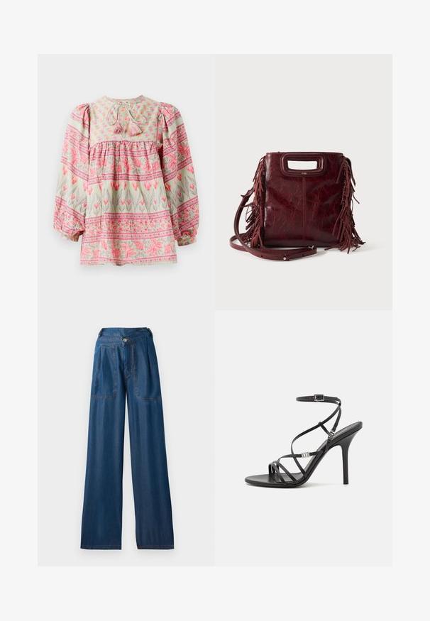 Bloes met bloemmotief in lichtgroen met roze en witte accenten, met een geraffineerde lijf en pofmouwen, die aan de achterkant is vastgebonden met franjes.; Donkerblauwe wijde jeans van denim, met twee voorzakken, een knoopsluiting en contrasterende oranje stiksels.; Zwarte hoge hakken sandaal met dunne banden, een enkelgesp, een gladleren oppervlak en een slanke stilettohak.; Vierkante bordeaux leren handtas met uitgesneden handvat, zijfranjes en een verstelbare schouderriem op een effen achtergrond.