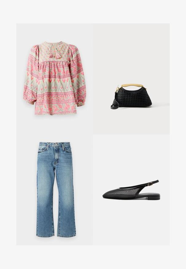 Blomstermønstret bluse i lys grøn med lyserøde og hvide detaljer, der har en rynket bodice og puffede ærmer, bundet bagpå med kvaster.; Lysblå denimjeans med vid buksedesign, fem lommer og knaplukning. Stoffet har en subtil blegning og en klassisk tekstur.; Sort slingback flad sko med spids tå, mesh overdel, justerbar spænde rem og lav stablet hæl på hvid baggrund.; Sort vævet håndtaske med buet form, guldfarvet metal top håndtag og aftagelig sort skulderrem på hvid baggrund.
