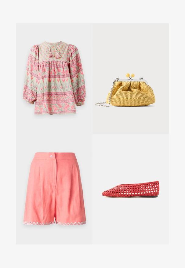 Blomstermønstret bluse i lys grøn med lyserøde og hvide detaljer, der har en rynket bodice og puffede ærmer, bundet bagpå med kvaster.; Lyserøde linnedshorts med plissee og bølget kant med hvide og blå accentcirkler. Inkluderer en frontlukning med knap.; Rød vævet flad sko med åbent gitterdesign og solid sål, vist fra siden på en hvid baggrund.; Lille gul vævet håndtaske med sølvramme, to gule kuglelåse og en sølvkæde som rem på hvid baggrund.