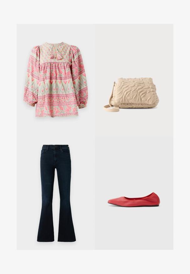 Bloes met bloemmotief in lichtgroen met roze en witte accenten, met een geraffineerde lijf en pofmouwen, die aan de achterkant is vastgebonden met franjes.; Donkerblauwe uitlopende jeans van denim, met een hoge taille, standaardzakken en subtiele vervaging op de stof.; Filippa K REY FLATS - Ballerina's - bright red; Beige gewatteerde schoudertas met onregelmatige gestikte patronen en een afneembare riem, weergegeven op een lichte achtergrond.
