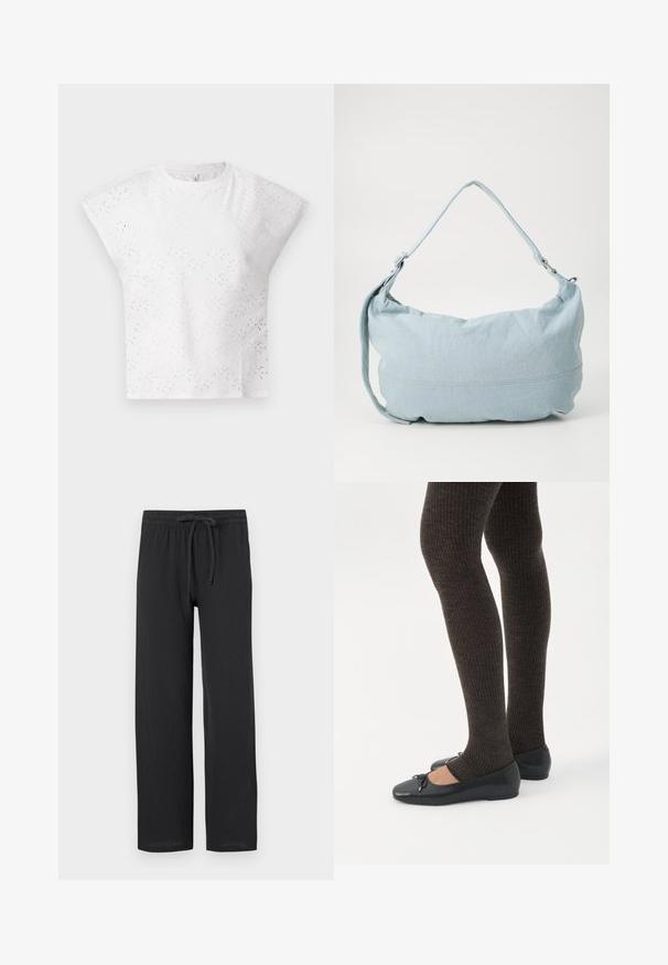 Top blanc à manches courtes avec un design en œillets texturés, des épaules structurées et un col rond. Tissu léger.; Pantalons noirs à coupe décontractée, fabriqués en tissu texturé, dotés d'une taille élastique et d'un cordon de serrage pour un ajustement personnalisable.; Jambes portant des leggings côtelés foncés associés à des ballerines noires avec de petits détails en nœud sur fond blanc.; Sac à dos en denim bleu clair de forme arrondie, avec une bandoulière ajustable et un subtil détail de couture le long du bas. Texture douce.