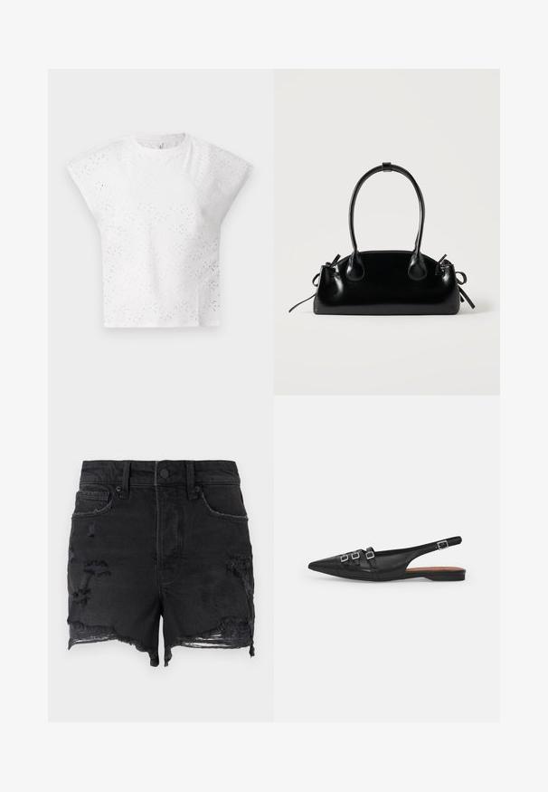 Top blanc à manches courtes avec un design en œillets texturés, des épaules structurées et un col rond. Tissu léger.; Good American Short en jean - black; Chaussure plate noire en cuir avec un bout pointu, dotée de deux lanières horizontales et de boucles carrées en argent, avec un faible talon et une texture lisse.; Petit sac à main noir brillant avec deux longues anses et des détails à cordon sur les côtés sur un fond clair uni.