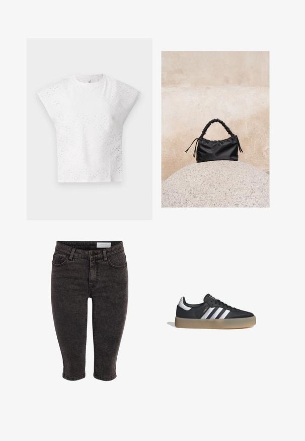 Top corto de manga corta en color blanco, con un diseño de ojales texturizados, hombros estructurados y cuello redondo. Tejido ligero.; Pantalones cortos de mezclilla negra hasta la rodilla con un estilo clásico de cinco bolsillos, cremallera y cierre de botón. Textura ligeramente descolorida, diseño ceñido.; Zapatilla deportiva de cuero negro con tres rayas plateadas, punta texturizada y suela de goma. Cuenta con un collar acolchado y un diseño con cordones.; Bolso negro fruncido con asa recogida, apoyado sobre una esfera de piedra texturizada frente a una pared de hormigón beige.