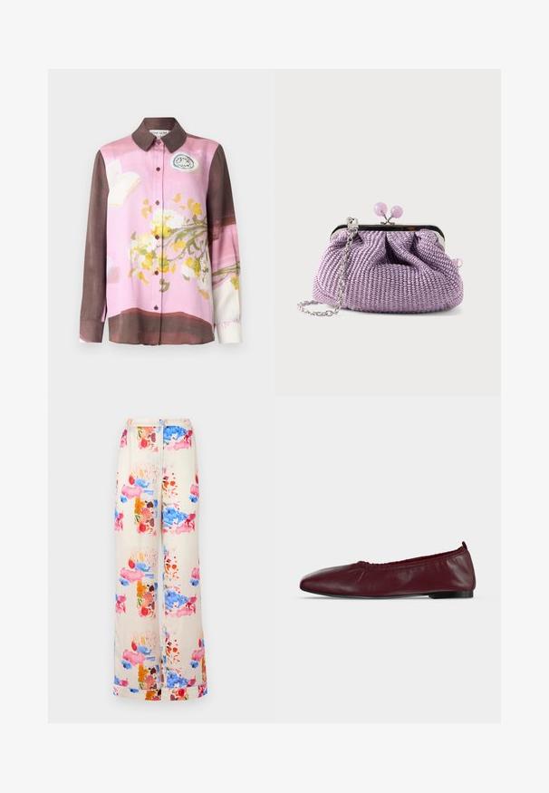 Painettu button-up-paita vaaleanpunaisena ja ruskeana, jossa on kukkakuvio, pitkät hihat, kaulus ja ruskeat napit. Sileä kangaspinta.; Housut leveällä lahkeella, valmistettu kermasta eriäisestä kankaasta, jossa on värikäs vesivärikuosi vaaleanpunaisilla, sinisillä ja oransseilla sävyillä. Kevyt ja hengittävä.; Burgundinvärinen nahkainen ballerina, jossa kerätty elastinen yläreuna ja ohut musta pohja valkoisella taustalla.; Laventelin värinen kudottu clutch-laukku, jossa hopeinen metallikehys, pyöreä laventelin värinen lukko ja hopeinen ketjuhihna yksinkertaisella vaalealla taustalla.