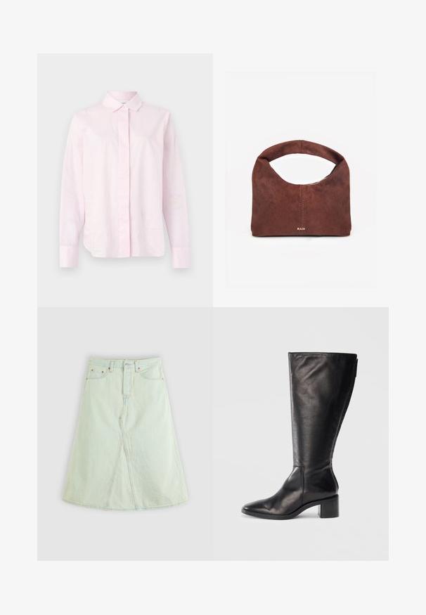 Chemise rose clair à manches longues en coton, dotée d'un col classique, d'une patte de boutonnage à l'avant et d'une coupe légèrement décontractée. Texture lisse sans motifs.; Jupe A-line en denim vert clair avec une fente frontale, cinq poches et des éléments en métal. Présente une taille haute et des coutures contrastées.; Botte noire en cuir montante, avec un bout carré, un talon large et un design épuré. Texture lisse avec une fermeture éclair sur le côté pour un enfilage facile.; Sac à main en daim marron avec poignée arrondie, texture douce, couture verticale et logo doré "RAID" au centre devant.