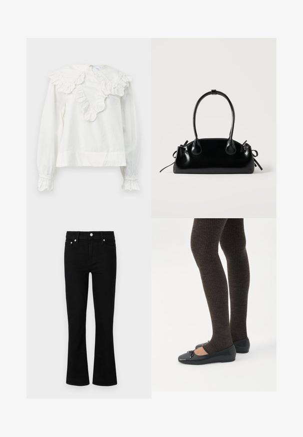 Camisa blanca de manga larga con un gran collar volado y puños con volantes, que presenta un escote en forma de V y una tela suave y texturizada.; Jeans de mezclilla negra acampanados con cintura ajustada, diseño de cinco bolsillos y detalles en metal plateado, con una textura suave y longitud estándar.; Piernas con leggings oscuros acanalados combinados con bailarinas negras que presentan pequeños detalles de lazo sobre un fondo blanco.; Pequeño bolso negro brillante con dos asas largas y detalles de cordón lateral sobre un fondo claro liso.
