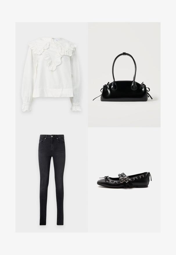 Weißes Langarmshirt mit großem Rüschenkragen und Rüschensäumen, mit einem V-ausschnitt und einem weichen, strukturierten Stoff.; Schwarze Slim-Fit-Jeans aus Denim mit fünf Taschen und einem Knopfverschluss an der Taille, auf einem schlichten weißen Hintergrund präsentiert.; Schwarzer flacher Ballettschuh mit doppelten Schnallenriemen, silbernen Ösen und einer kleinen Schleife nahe der abgerundeten Spitze auf weißem Hintergrund.; Kleine schwarze glänzende Handtasche mit zwei langen Griffen und seitlichen Kordelzug-Details vor einfachem hellem Hintergrund.