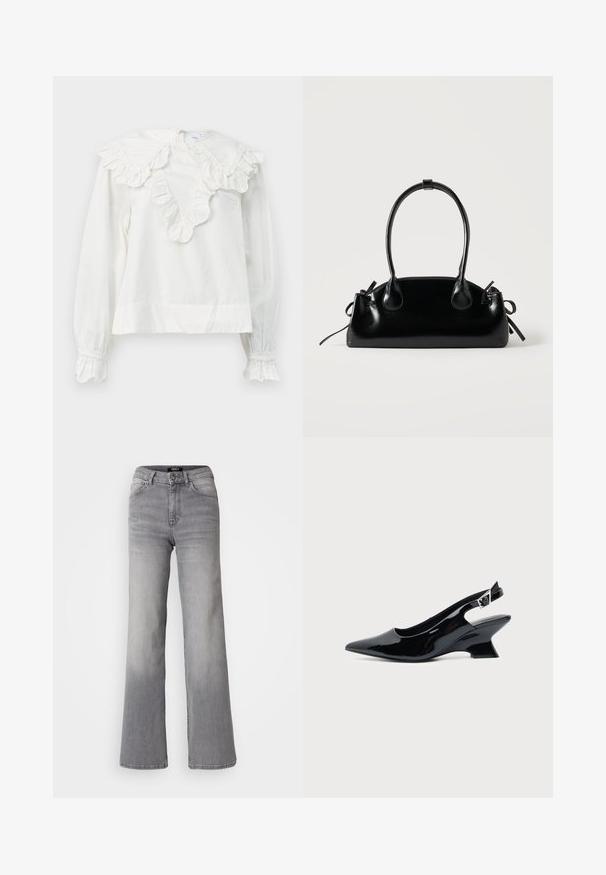 Camisa blanca de manga larga con un gran collar volado y puños con volantes, que presenta un escote en forma de V y una tela suave y texturizada.; Vaqueros de mezclilla gris de pernera recta y cintura alta, con botón y cremallera frontales, bolsillos delanteros y traseros, y efectos de desvanecimiento en los muslos y las pantorrillas.; Zapato slingback de cuero charol negro con puntera puntiaguda y tacón bajo en bloque inclinado sobre fondo claro liso.; Pequeño bolso negro brillante con dos asas largas y detalles de cordón lateral sobre un fondo claro liso.