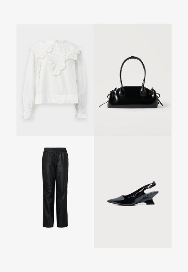 Camisa blanca de manga larga con un gran collar volado y puños con volantes, que presenta un escote en forma de V y una tela suave y texturizada.; Pantalones de cuero negro con cintura elástica, diseño estructurado, piernas anchas, textura suave y costuras visibles y detalles de panel.; Zapato slingback de cuero charol negro con puntera puntiaguda y tacón bajo en bloque inclinado sobre fondo claro liso.; Pequeño bolso negro brillante con dos asas largas y detalles de cordón lateral sobre un fondo claro liso.