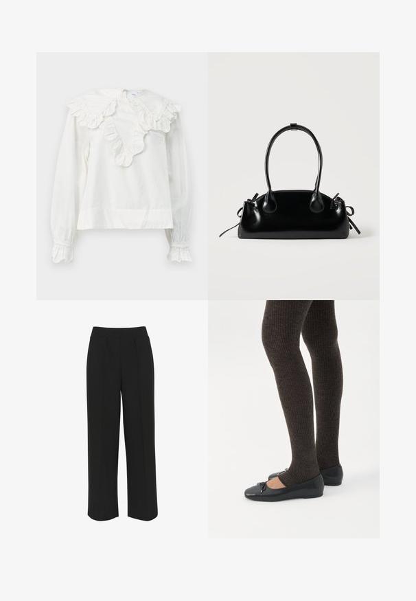 Camisa blanca de manga larga con un gran collar volado y puños con volantes, que presenta un escote en forma de V y una tela suave y texturizada.; Pantalones de pierna ancha negros con una cinturilla plana, que presentan pliegues delanteros y una textura suave. Sin bolsillos ni herrajes visibles.; Piernas con leggings oscuros acanalados combinados con bailarinas negras que presentan pequeños detalles de lazo sobre un fondo blanco.; Pequeño bolso negro brillante con dos asas largas y detalles de cordón lateral sobre un fondo claro liso.