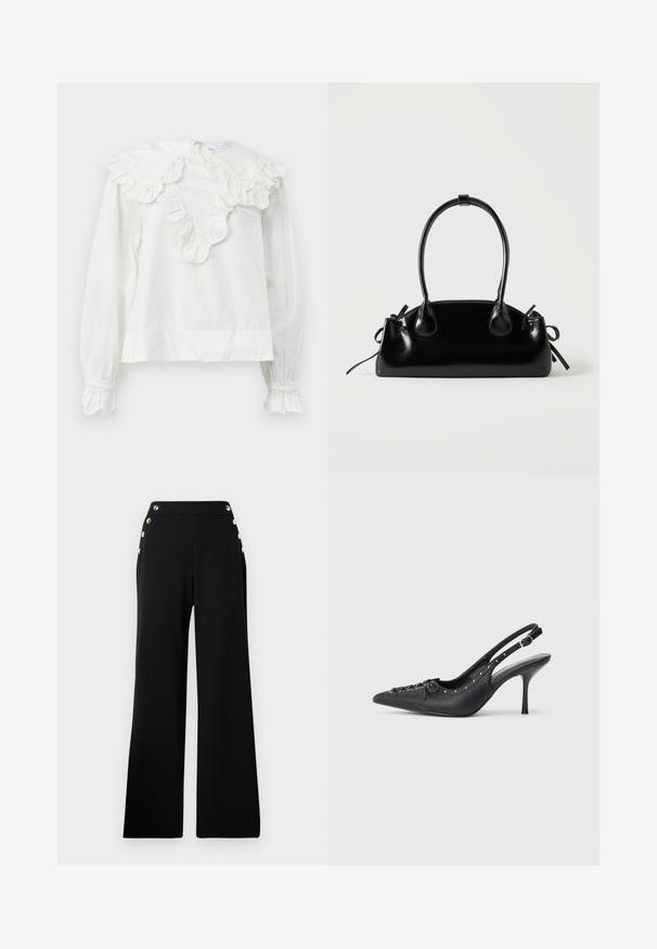 Camisa blanca de manga larga con un gran collar volado y puños con volantes, que presenta un escote en forma de V y una tela suave y texturizada.; Pantalones de pierna ancha de talle alto en negro con botones dorados en la parte delantera y bolsillos en ambas caderas sobre un fondo blanco.; Sandal de tacón stiletto negro de cuero con punta afilada, correa lateral con hebilla, tachuelas a lo largo del borde y cordones decorativos en la parte delantera.; Pequeño bolso negro brillante con dos asas largas y detalles de cordón lateral sobre un fondo claro liso.
