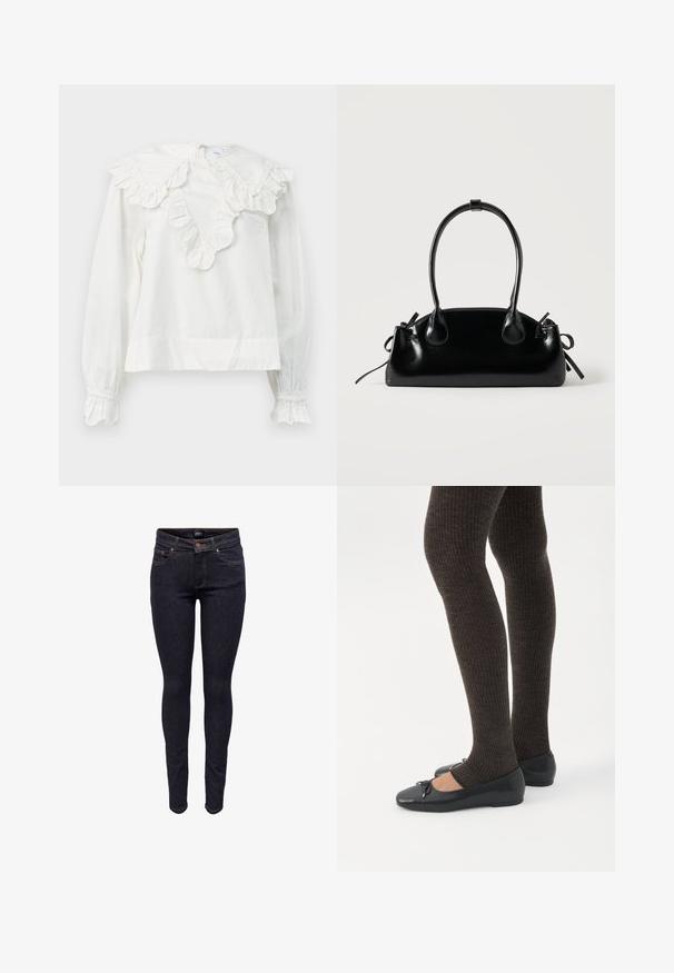 Hvid skjorte med lange ærmer, stort flæsekrave og flæsede manchetter, har en V-formet halsudskæring og et blødt, tekstureret stof.; Mørkeblå slim-fit denimjeans med frontknap og lommer, synlige syninger og mærket båndetiket i taljen.; Ben iført mørke ribbede leggings kombineret med sorte balletsko med små sløjfedetaljer på hvid baggrund.; Lille sort blank håndtaske med to lange håndtag og snøre-detaljer i siden på en ensfarvet lys baggrund.