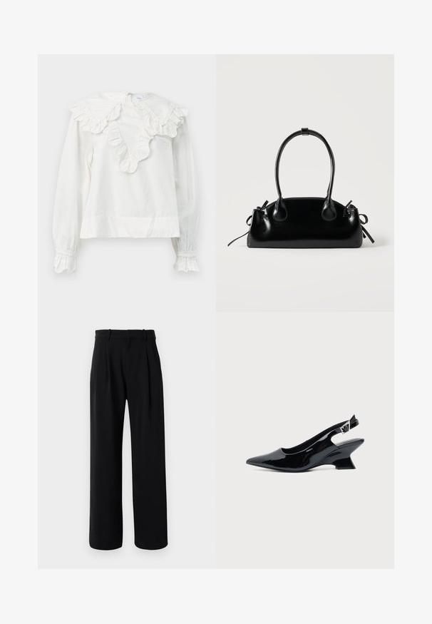 Weißes Langarmshirt mit großem Rüschenkragen und Rüschensäumen, mit einem V-ausschnitt und einem weichen, strukturierten Stoff.; Schwarze, hochtaillierte, maßgeschneiderte Hose mit weitem Bein, Gürtelschlaufen und vorderen Falten auf weißem Hintergrund.; Schwarzer Slingback-Schuh aus Lackleder mit spitzer Spitze und niedrigem, schrägem Blockabsatz auf einfachem hellem Hintergrund.; Kleine schwarze glänzende Handtasche mit zwei langen Griffen und seitlichen Kordelzug-Details vor einfachem hellem Hintergrund.