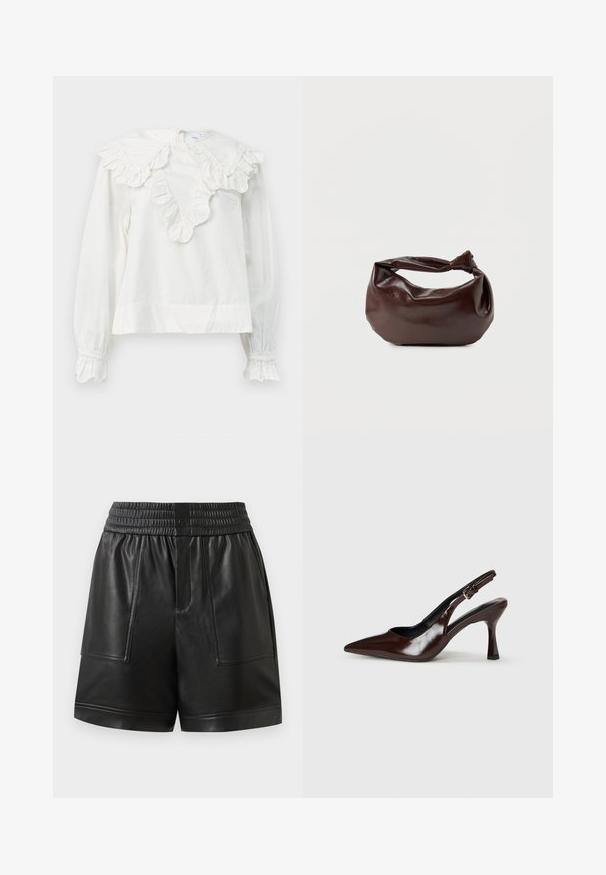 Witte lange mouwen shirt met een grote rimpelnek en rimpelmanchetten, met een V-vormige halslijn en een zachte, gestructureerde stof.; Zwarte neplederen shorts met elastische tailleband, voorste drukknoop, grote voorzakken en rechte zoom.; Bruine gepatineerde leren slingback pumps met een spitse neus, een dunne hak en een verstelbaar bandje met een kleine gesp.; Donkerbruine leren schoudertas met een zachte, slungelige vorm en een gedraaide knoopvormige handgreep op een effen witte achtergrond.