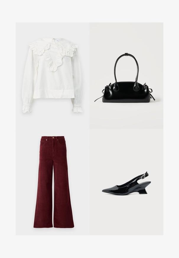 Camisa blanca de manga larga con un gran collar volado y puños con volantes, que presenta un escote en forma de V y una tela suave y texturizada.; Pantalones de pana de pierna ancha en burdeos, con una cintura alta, bolsillos frontales y cierre de botón. Tela texturada de canalé en toda la prenda.; Zapato slingback de cuero charol negro con puntera puntiaguda y tacón bajo en bloque inclinado sobre fondo claro liso.; Pequeño bolso negro brillante con dos asas largas y detalles de cordón lateral sobre un fondo claro liso.