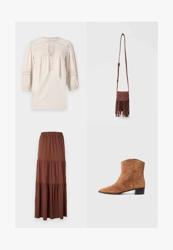 Blouse beige clair avec un col rond, des manches bouffantes et des détails en dentelle brodée. Présente une ouverture en forme de clé et un tissu texturé.; Jupe longue marron à volants avec taille élastique, en tissu doux et léger, suspendue à plat sur fond blanc.; Bottine en suède marron avec un bout-pointu, motif décoratif en perles dorées, design à bords festonnés et un petit talon empilé.; Sac bandoulière en suède marron avec longue sangle, motif décoratif cousu sur le rabat, et franges pendantes le long du bord inférieur.
