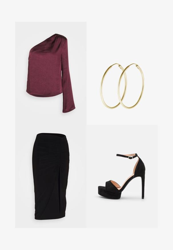 Gina Tricot ONE SHOULDER BLOUSE - Blusa - wine tasting; falda lápiz negra con fruncido, detalle de lazo y abertura lateral. Hecha de un tejido elástico, con una textura suave y un diseño ajustado.; Sandalia de tacón alto de ante negro con suela de plataforma, tira en el tobillo con herrajes plateados, diseño de punta abierta y textura suave.; Pendientes de aro de oro con un diseño suave y redondeado y un acabado brillante. Construcción ligera con un cierre de broche seguro.