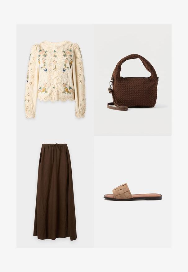 Blouse en dentelle crème avec de longues manches bouffantes et une broderie florale multicolore complexe sur le devant et les manches.; Jupe longue en lin brun avec une taille élastique et un cordon de serrage. Caractérisée par un design ample et fluide avec des plis sur les côtés. Texture lisse.; Sandale plate à bride tressée marron avec semelle noire et semelle intérieure rembourrée sur fond gris clair.; Sac à main marron tissé avec une poignée arrondie, des ferrures argentées et une bandoulière réglable. Il présente une fermeture éclair et une surface texturée.