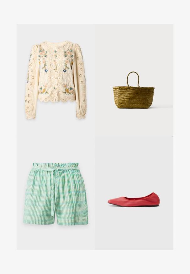 Blouse en dentelle crème avec de longues manches bouffantes et une broderie florale multicolore complexe sur le devant et les manches.; Shorts légers avec une taille élastiquée froncée, ornés de rayures verticales alternées vertes et blanches, et munis d'une ceinture à nouer.; Filippa K REY FLATS - Ballerines - bright red; Sac cabas en paille tressée avec une anse en boucle, forme rectangulaire arrondie et couleur naturelle marron sur un fond uni.