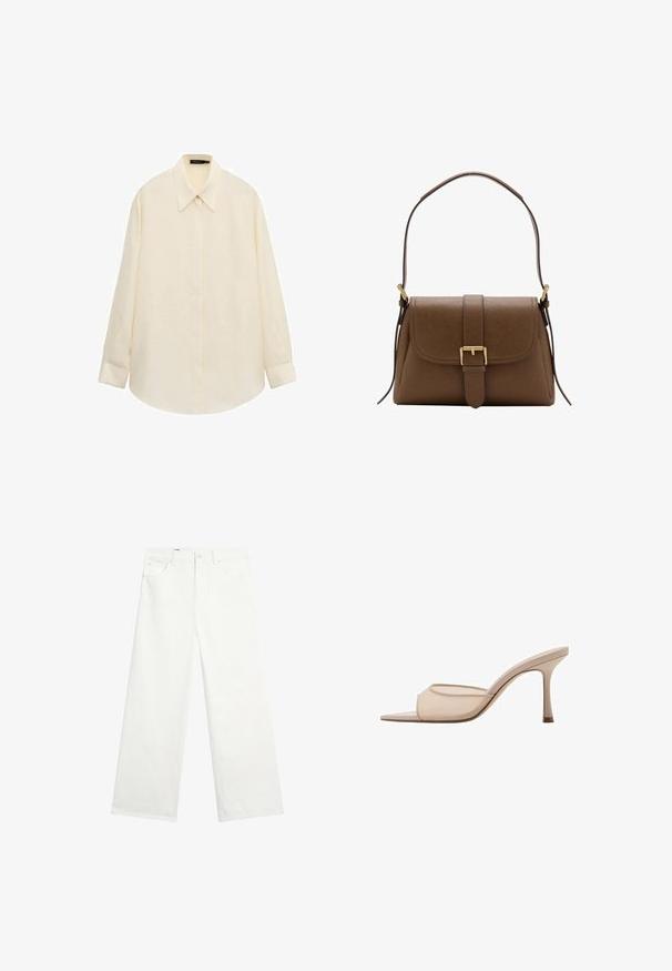 Chemise boutonnée à manches longues de couleur crème avec col pointu et patte de boutonnage cachée, posée à plat sur un fond blanc.; Jean en denim blanc à jambes larges, avec bouton sur le devant, passants de ceinture et poches latérales, présenté sur un fond blanc uni.; Sandale à talon ouverte nude avec un panneau supérieur transparent et un talon fin, présentant une texture lisse et un design minimaliste.; Sac à bandoulière en cuir marron avec rabat avant et boucle dorée, disposant d'une bandoulière réglable avec ferrures dorées sur fond blanc.