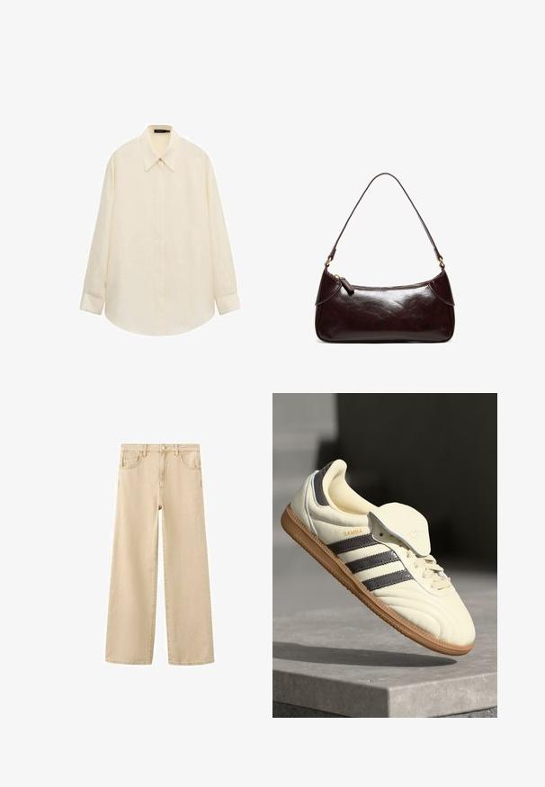 Chemise boutonnée à manches longues de couleur crème avec col pointu et patte de boutonnage cachée, posée à plat sur un fond blanc.; Jean beige à jambes larges avec fermeture à bouton et zip à l'avant, passants pour ceinture et poches avant, présenté sur fond blanc.; Baskets en cuir crème avec trois bandes sombres, une semelle extérieure en gomme marron et un bout arrondi. Présentent une languette pliable étiquetée "SAMBA."; Sac à bandoulière en cuir marron foncé avec une seule sangle et une fermeture éclair, forme rectangulaire avec des bords arrondis sur fond blanc.
