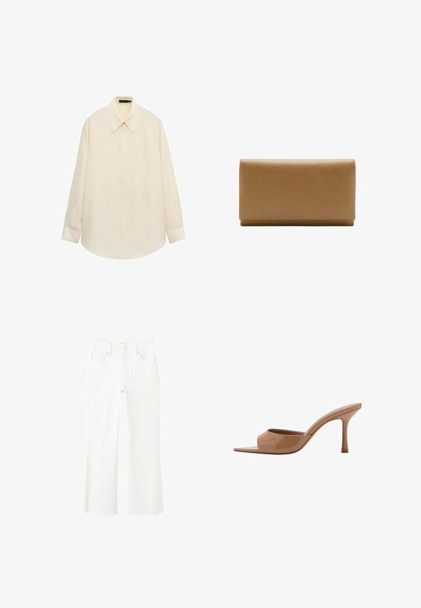 Chemise boutonnée à manches longues de couleur crème avec col pointu et patte de boutonnage cachée, posée à plat sur un fond blanc.; Jean blanc taille haute avec jambes droites, design à cinq poches, fermeture par bouton et détail d'ourlet brut aux chevilles.; Mule beige à bout ouvert à talon haut, finition brillante et talon aiguille fin sur fond blanc.; Pochette rectangulaire en cuir beige avec rabat pliable et texture lisse, présentée sur fond blanc.