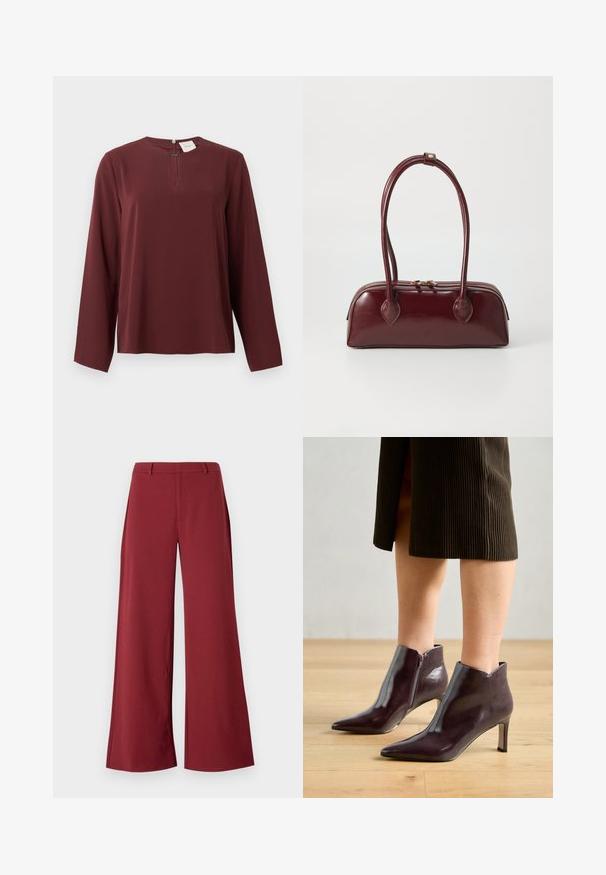Bordeaux longsleeve blouse met een kleine keyhole halslijn aan de voorkant en een verborgen ritssluiting bij de kraag.; Wijdvallende broek in een diepe bordeauxkleur. Gemaakt van een soepele, rekbare stof met op maat gemaakte naden en een rits aan de voorkant.; Bordeaux leren enkel laarzen met een spitse neus en slanke hak. Beschikt over een zijrits en een gladde, glanzende textuur.; Bordeaux leren handtas met een gebogen vorm, dubbele handvatten, ritssluiting en subtiele stiksels. Gladde, hoogglanzende afwerking.