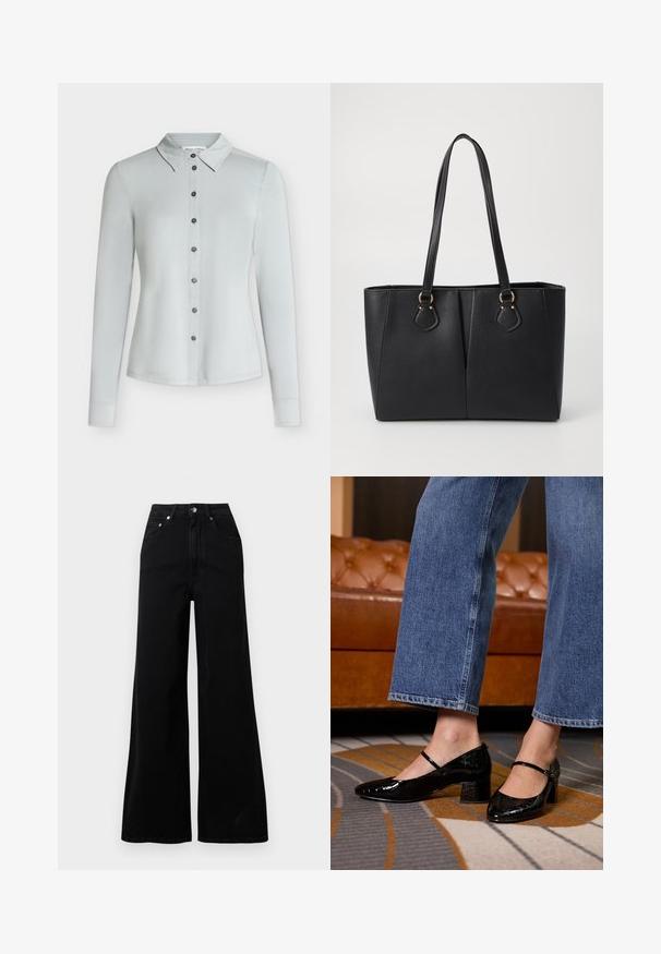 Lysegrå langærmet skjorte med knapper, krave, syv mørke knapper foran og lige kant.; Sorte jeans med vide ben lavet af denim, med høj talje, fem lommer, knaplukning foran og minimal syning.; Sorte lakpumps med spids tå, blokhæl og ankelrem, båret med bredbenede denimjeans, på et mønstret tæppe.; Sort faux læder tote taske med en tekstureret finish, to lange håndtag og hardware i guld tone-accenter på siden. Rektangulær form.