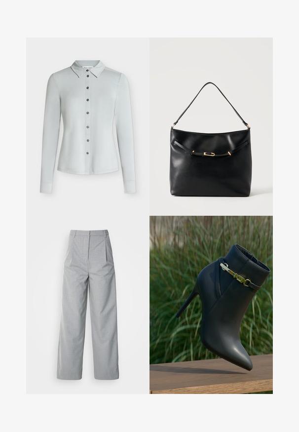Chemise gris clair à manches longues, boutonnée, avec col, sept boutons foncés sur le devant et ourlet droit.; Pantalons larges gris en tissu texturé, avec une taille haute, des plis à l'avant et une coupe droite jusqu'à l'ourlet.; Bottine noire à talons hauts avec un bout pointu et un détail de boucle en or, exposée sur une surface en bois avec un arrière-plan de feuillage vert.; Sac à épaule en cuir noir avec une bandoulière unique et un petit détail de boucle dorée à l'avant, sur un fond clair uni.