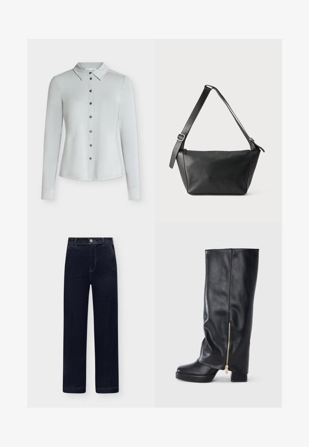 Chemise gris clair à manches longues, boutonnée, avec col, sept boutons foncés sur le devant et ourlet droit.; Jean en denim bleu foncé taille haute, coupe droite, poches avant, fermeture à boutons et passants de ceinture sur fond clair.; Botte en cuir noire montant jusqu'au genou avec talon épais et détail de fermeture éclair dorée sur le côté, sur fond blanc.; Sac à bandoulière en cuir noir avec une large sangle réglable et une boucle argentée, présenté sur un fond clair uni.