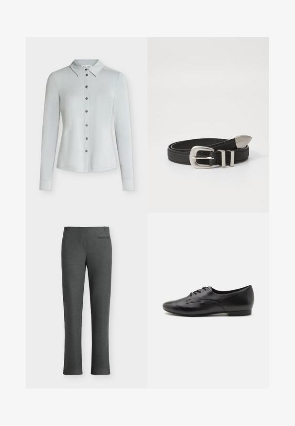 Camisa de manga larga gris claro con botones, cuello, siete botones oscuros en la parte delantera y dobladillo recto.; Pantalones formales entallados de gris oscuro con presillas para el cinturón y un único bolsillo de ojal en el lado derecho contra un fondo claro.; Zapatos de cuero negro con cordones, de textura suave, punta redonda, tacón bajo y diseño simple. Vista lateral que enfatiza la forma elegante y las costuras.; Cinturón de cuero negro con hebilla de metal plateado y acentos de doble lazo, que presenta un acabado texturizado y un extremo cónico para un ajuste seguro.